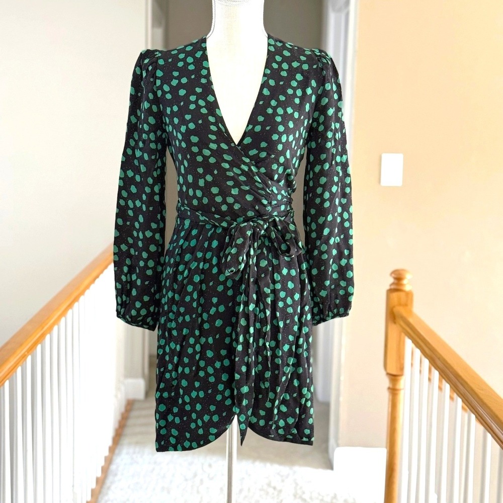 Cynthia Rowley Green Polka Dot Wrap Dress Black Long Sleeve V-Neck Size 0